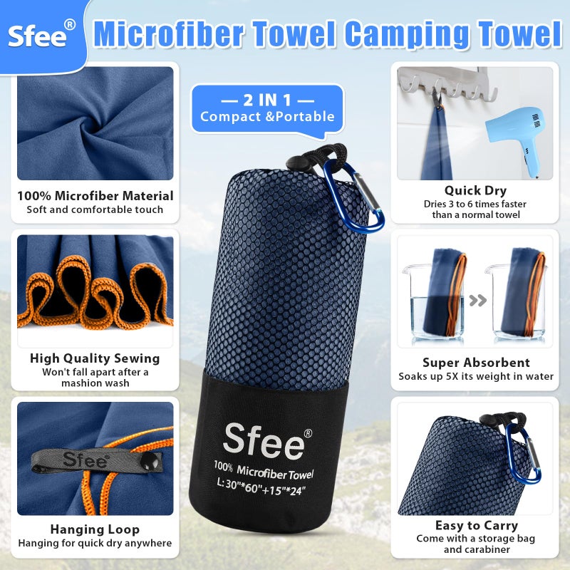 Sfee 2 Pack Microfiber Travel Towel, Quick Dry Towel Camping Towel Beach Towel Super Absorbent Compact Lightweight Sports Gym Towels Set for Beach, Gym, Hiking, Pool, Backpacking, Bath, Yoga - Image 2